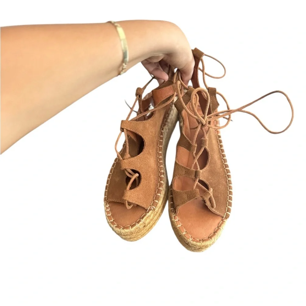 ALOHA’S Tan Camel Gladiator Leather Platform Lace-Up Wrap Espadrille Sandals